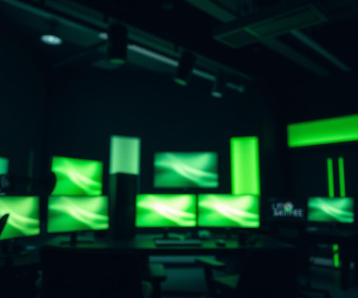 Creative studio workspace lit with green light
