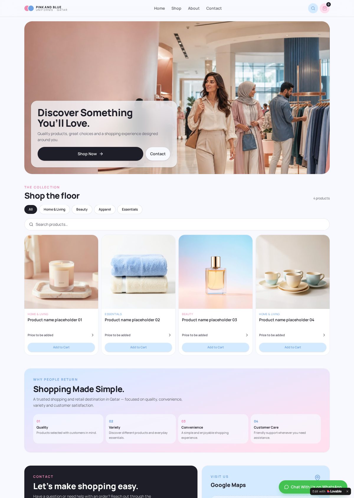 Pink and Blue Uniforms retail website homepage
