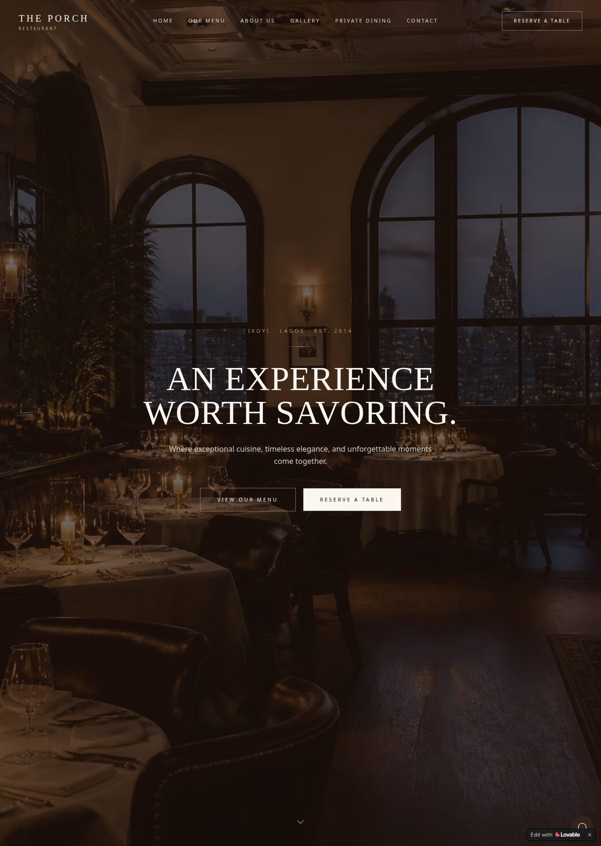 The Porch Restaurant premium website homepage
