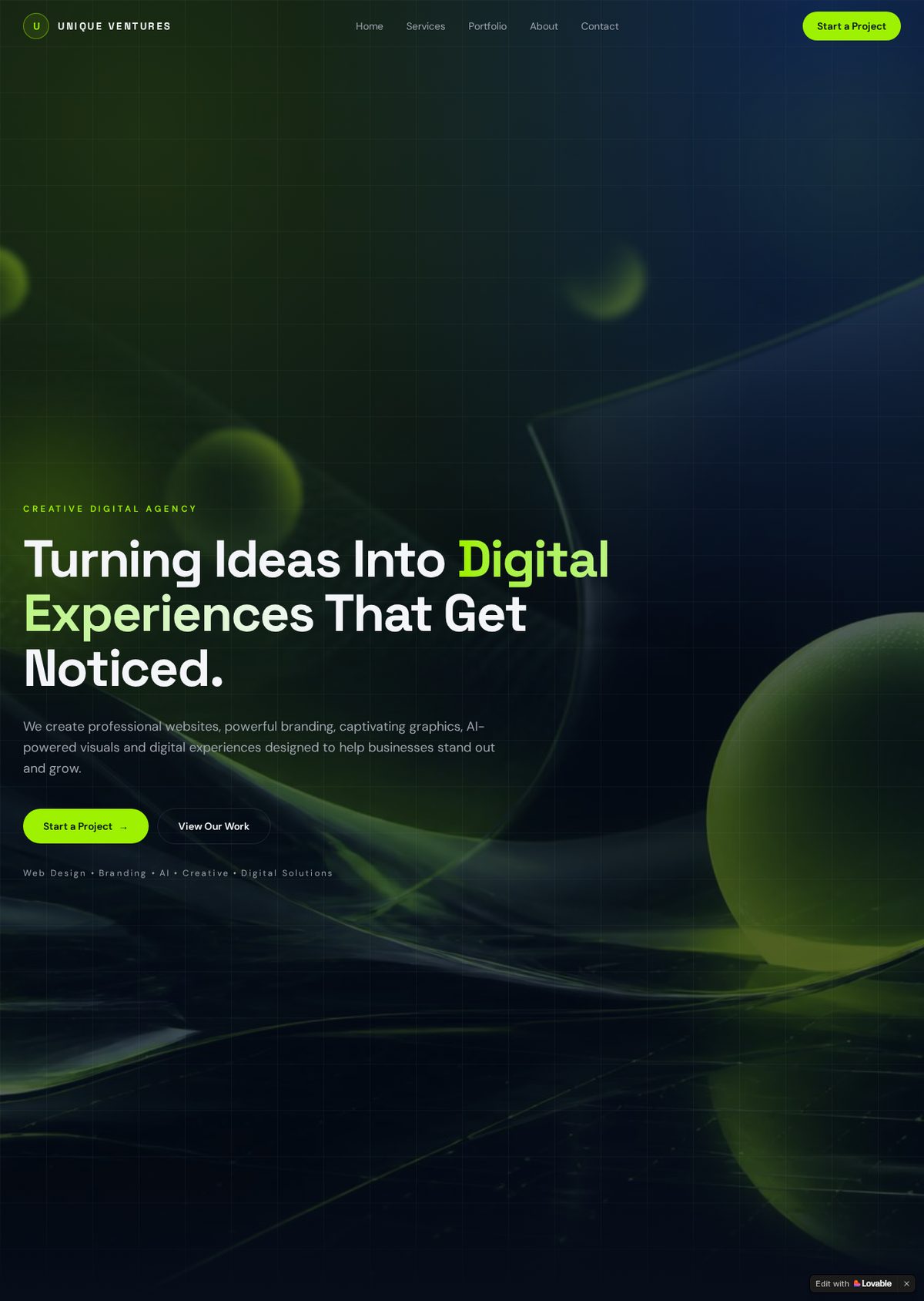 Unique Ventures creative digital agency website homepage